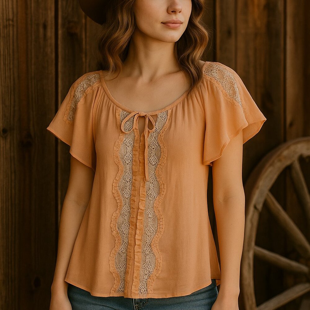 Love 21 by Forever 21 Lace & Ruffle Top Sz Med Romantic Boho, Western Coquette